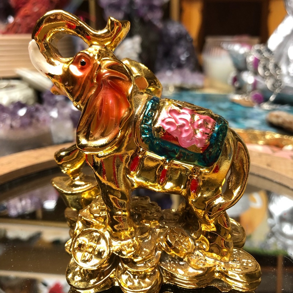 🐘Golden Elephant Figurine with Pink and Green Accents